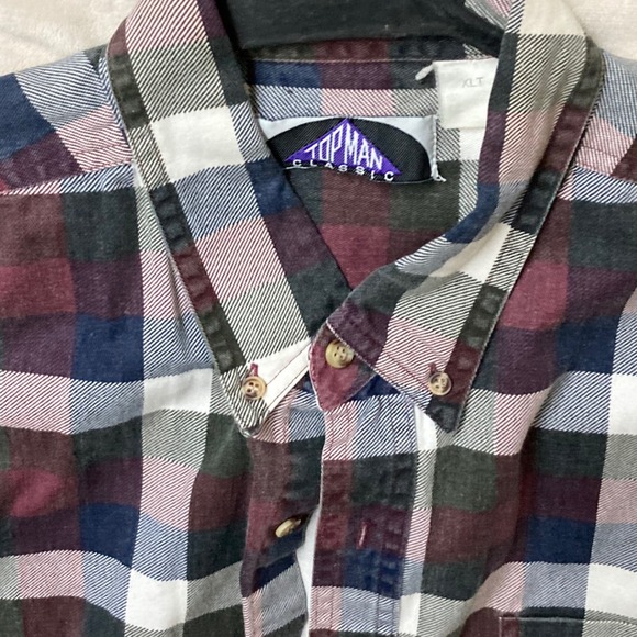Topman Classic Mens XLT Plaid Button Down Shirt Burgundy Navy Long Sleeve Cotton - Picture 3 of 3